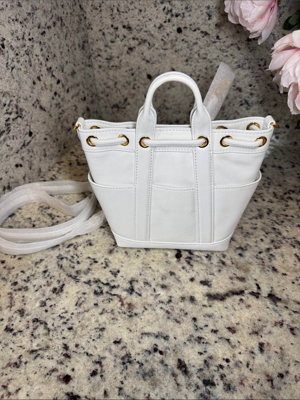 Veronica Beard “Mini Goody Bag” White Leather Drawstring Crossbody Bucket Bag. - Picture 10 of 16